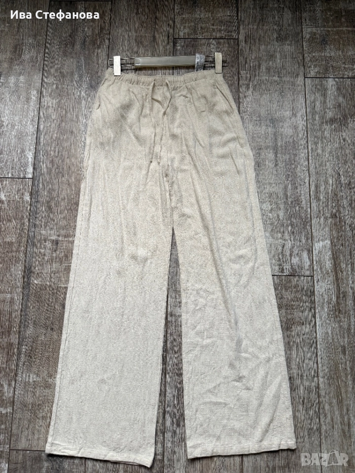 Нов дълъг висока талия  бежов елегантен летен ленен панталон свободна кройка вискоза лен , снимка 1
