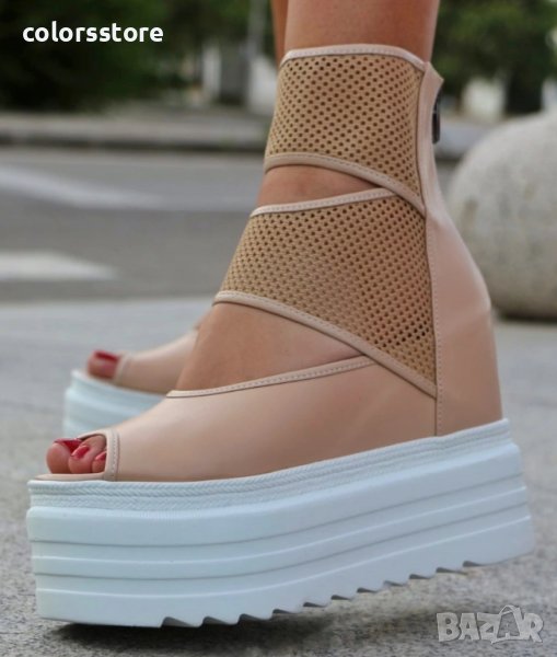 Летни боти на платформа - бежова кожа с бяло ходило - LB70, снимка 1