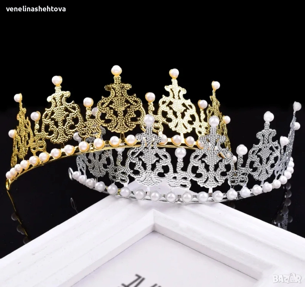 Голяма корона тиара злятист сребрист цвят с перли за декорация на торта , снимка 1