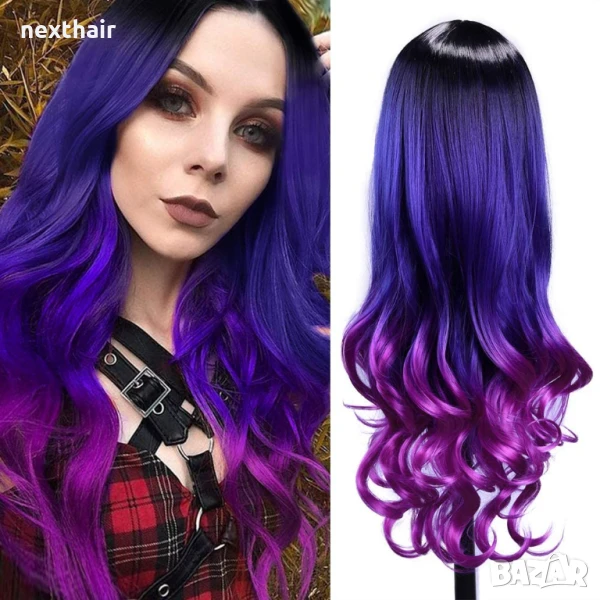 Три цветна перука черно лилаво розова, снимка 1