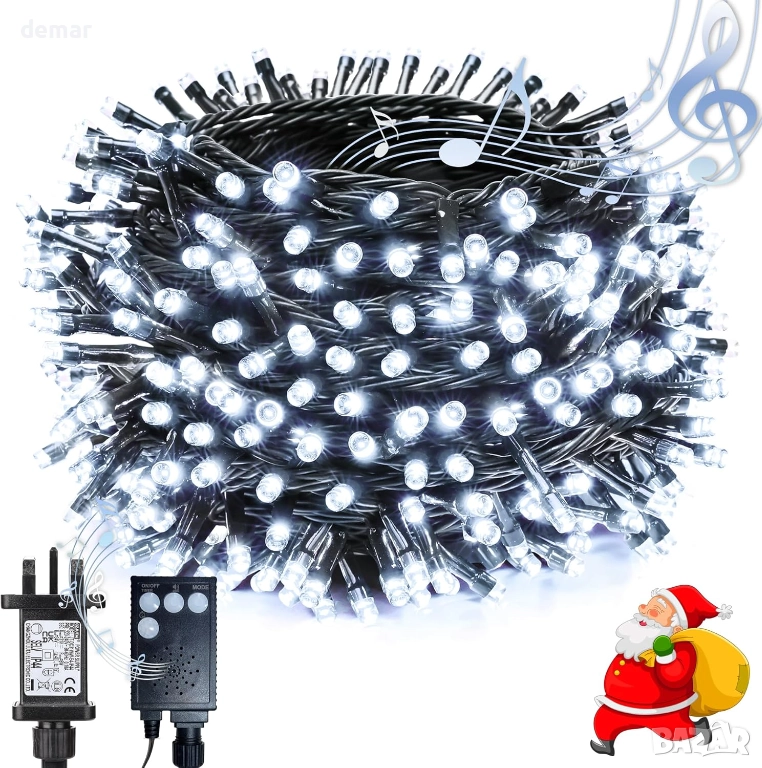 Коледни лампички за елха, 20+5M 200 LED, коледна музика, сензор за движение, бели, снимка 1