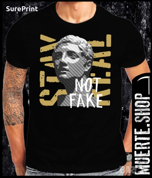 Черна тениска с щампа STAY REAL NOT FAKE, снимка 1