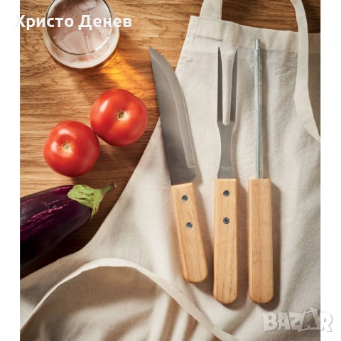 комплект за барбекю в метално куфарче, от 3 части, неръждаема стомана и естествено дърво, снимка 3 - Прибори за хранене, готвене и сервиране - 53655078