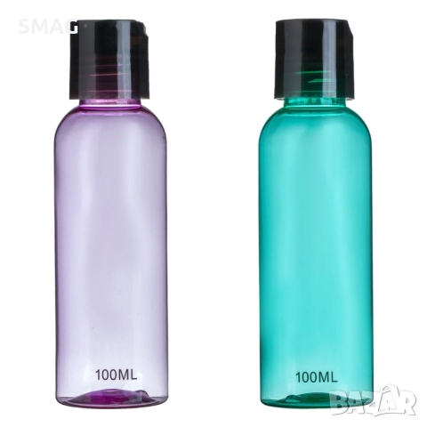 Комплект бутилки за пътуване зелена и лилава с черна капачка – 100 мл × 2 бр._1236252