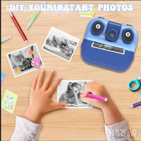 Нов син Детски фотоапарат с моментен печат, 180° камера + 32GB карта, снимка 6 - Други - 50289643