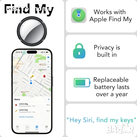 Тагове за тракери - пакет от 4, черни, Bluetooth тракери, работещи с Apple Find , снимка 2 - Друга електроника - 53744211