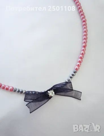 Елегантно перлено колие с панделка органза с камъче, снимка 2 - Колиета, медальони, синджири - 49516968