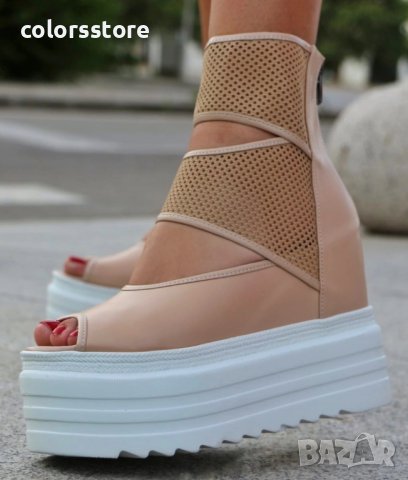 Летни боти на платформа - бежова кожа с бяло ходило - LB70