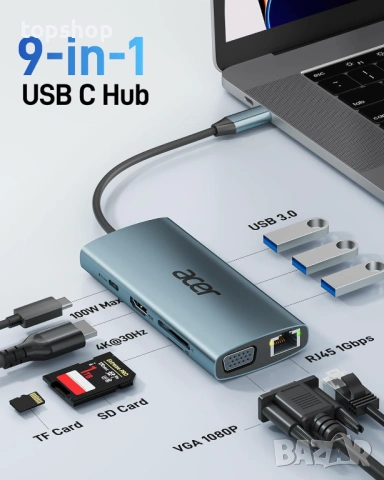 Нов Acer 9-в-1 USB-C Докинг станция – 4K HDMI, Gigabit Ethernet и VGA  ​, снимка 2 - Кабели и адаптери - 53565262
