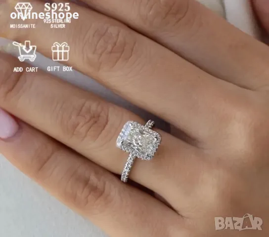 Сребро S925 Сребърен пръстен с камък Мойсанит 2ct ( 2 карата ) Диамант с Сертификат, снимка 3 - Пръстени - 49256665