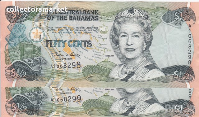 50 цента 2001, Бахамски острови(2 банкноти с поредни номера)