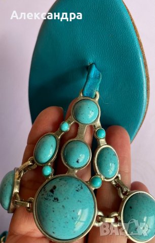 Чехли от естествена кожа с тюркоазени камъни, снимка 11 - Чехли - 42011237