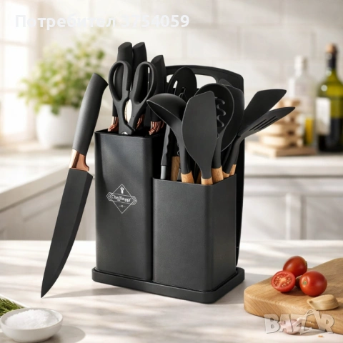 Кухненски комплект от 19 части Cheffinger KSUT01 - ножове, силиконови прибори, поставка и дъска 