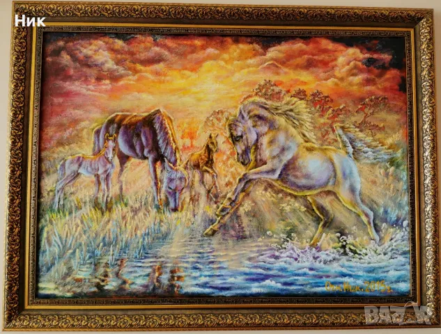 Картина върху платно с маслени бои Среща на коне при залез 