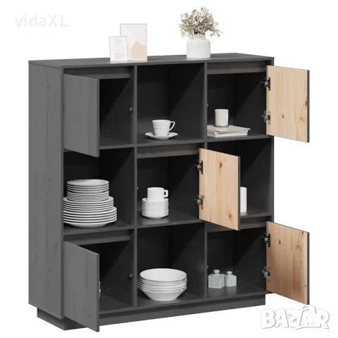 vidaXL Висок шкаф, сив, 110,5x35x117 см, борово дърво масив, снимка 5 - Бюфети - 56147932