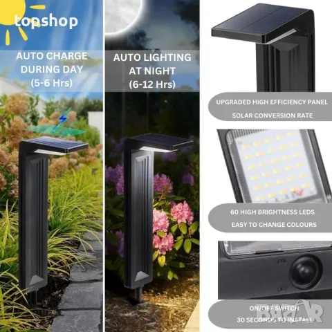 TENECO Външни соларни лампи 60 LED градински ландшафтни водоустойчиви  супер ярки, IP65, снимка 7 - Лед осветление - 50303164