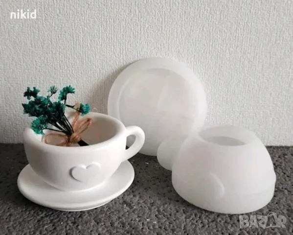 3D Сет чаша и чиния ❤ силиконов молд форма смола гипс шоколад кашпа декор, снимка 2 - Форми - 48770408