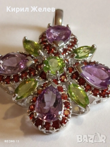 Сребърна висулка с флорален мотив инкростация на АЛЕКСАНДРИТ,ДИАМАНТ,ГРАНАТ ефектна стилна 52501, снимка 7 - Колиета, медальони, синджири - 53003105