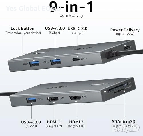 Acer USB-C докинг станция 9-в-1 с 2×HDMI 4K 100W PD, снимка 2 - Друга електроника - 53247848