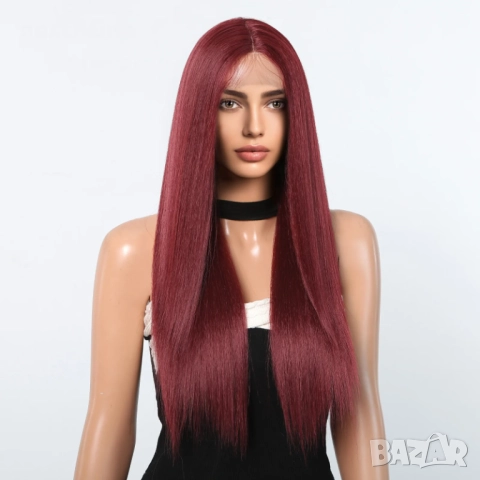 73 см Тъмно червена бургунди бордо права перука с дантела 13x4x1, снимка 3 - Аксесоари за коса - 52383394