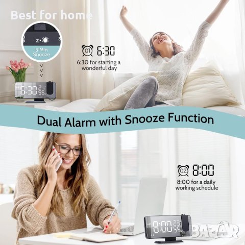 Прожекционен будилник LED дигитален,FM радио,температура и влажност,USB порт за зареждане,огледален, снимка 7 - Друга електроника - 42417437