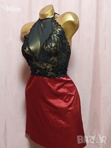 2XL Нощница от червен сатен и черна дантела , снимка 2 - Нощници - 53671910