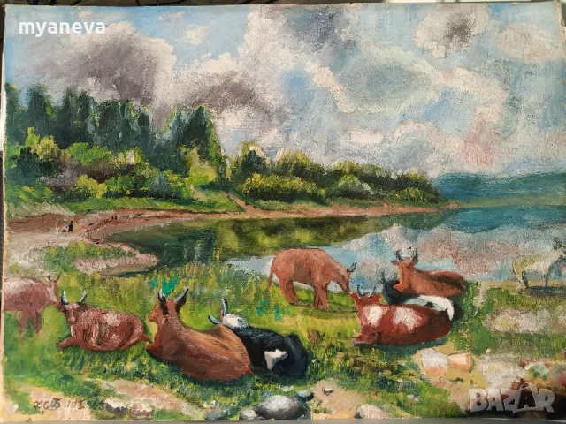 Стара картина , пейзаж с говеда на паша в рамка , снимка 9 - Картини - 49249607