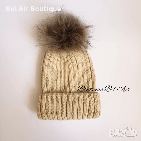 Зимна шапка с помпон от естествен косъм, зимна шапка, естествен пух, снимка 6 - Шапки - 52626049