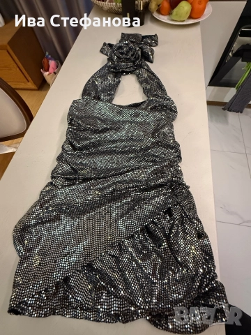 Нова 5 Д роза  парти коктейлна официална къса блестяща сиви бляскави елементи , снимка 4 - Рокли - 52774610