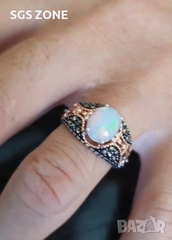 Мъжки сребърен пръстен с бял опал и марказит, снимка 3 - Пръстени - 53370216