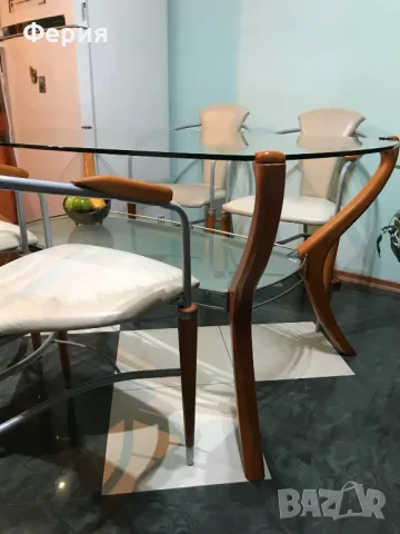 стъклена маса с масивни дървени елементи и метал+8 стола, снимка 3 - Маси - 49053616