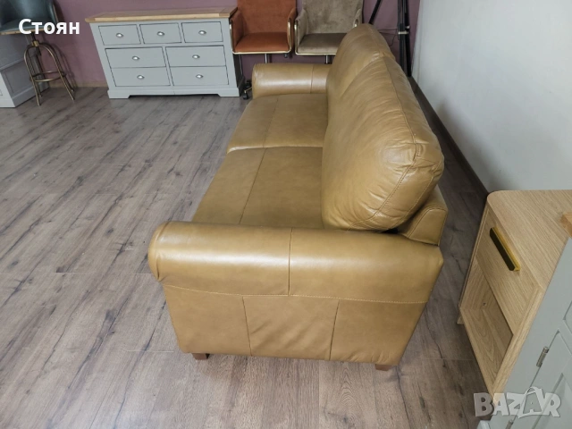 Светло кафяв кожен диван четворка, снимка 4 - Дивани и мека мебел - 53721125