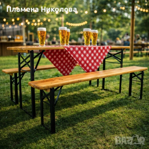 Сгъваем комплект градинска маса с 2 пейки - От чамово дърво, с отвор за чадър