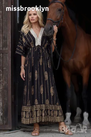 Рокля “Black Golden Paisley” – черна бохо рокля със златни орнаменти арт.1845, снимка 4 - Рокли - 55821378
