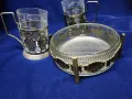 подстакани - комплект 6 броя, мод. Латы ( Броня), мелхиор, посребрени+ стъкл.чаши+ захарница от СССР, снимка 4