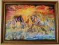Картина върху платно с маслени бои Среща на коне при залез , снимка 1