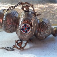 Старо висящо голямо кандило с емайл кадило тамянник, снимка 1 - Антикварни и старинни предмети - 38761793
