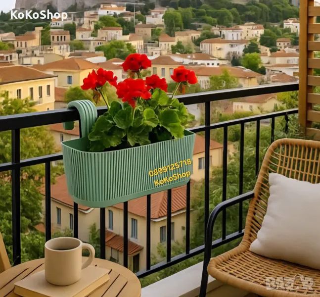 Сандъче за цветя – пластмасово, зелено, за балкон или двор, снимка 1