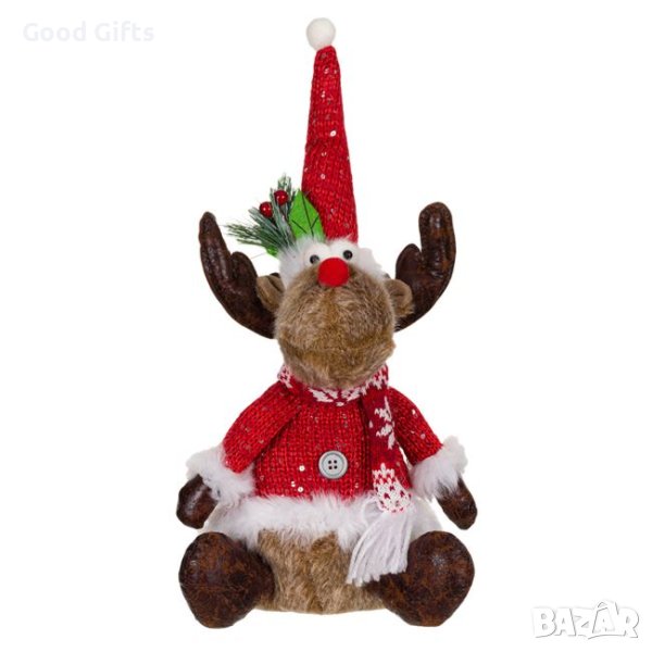 Коледен елен, седящ с червен кожух, 39см, снимка 1