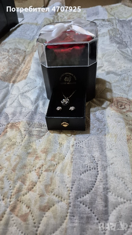 Вечна роза с бижу колие и обеци - прожектор "Обичам те на 100 езика", , снимка 1