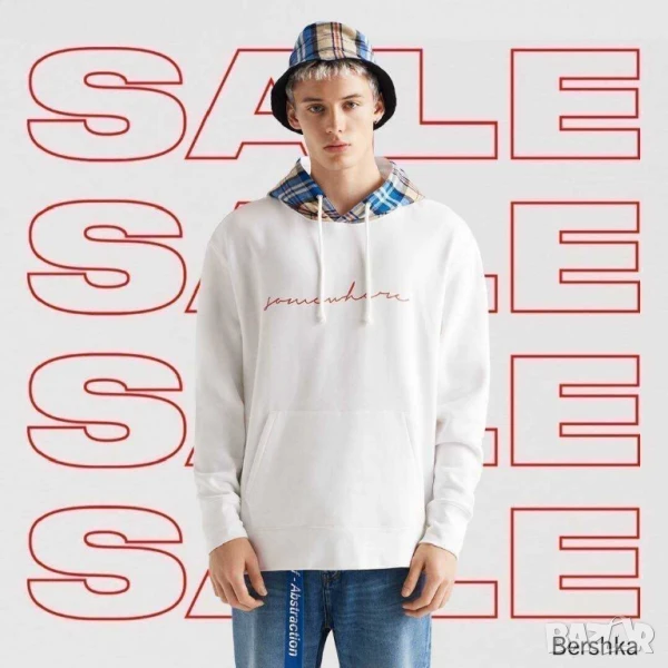Мъжки суитшърт с надпис Bershka, 77%  памук 23% полиестер, Бял, XL, снимка 1