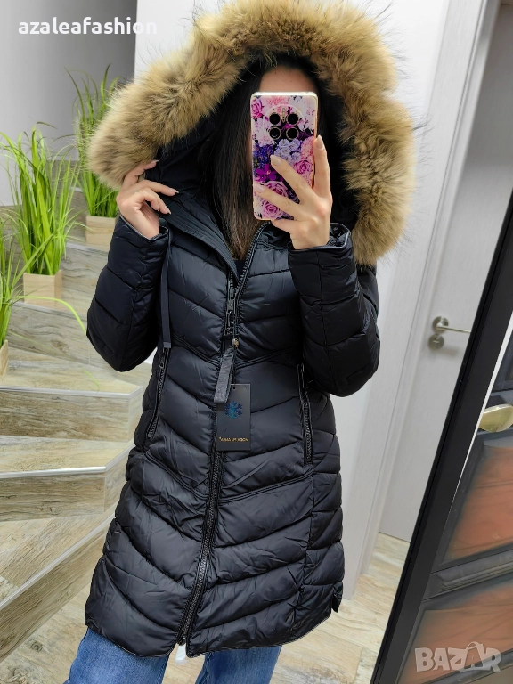 Дълго зимно яке с естествен косъм черно, снимка 1