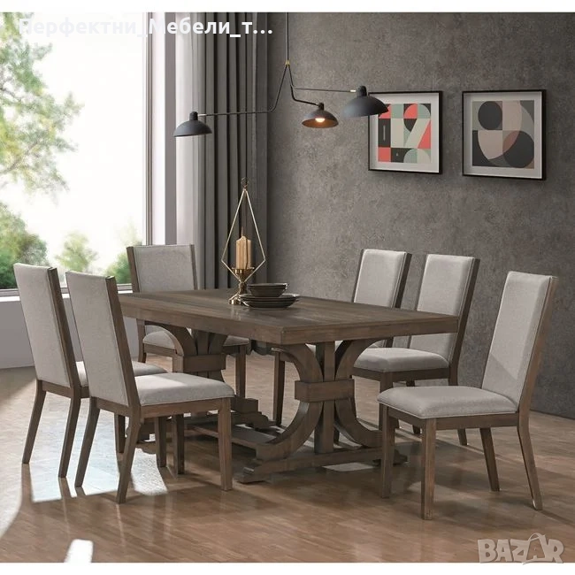 Трапезарен сет-маса с 6 стола-античен сив орех,сива дамаска-диам.150 или 100/200м.-до 5 дни доставка, снимка 1