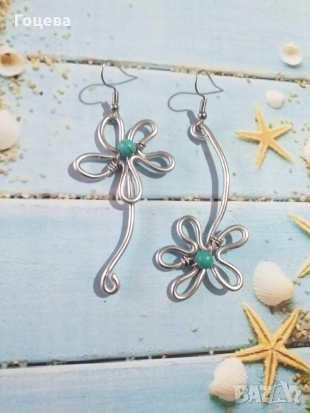 Асиметрични Арт обици Цвете с Тюркоаз , снимка 1