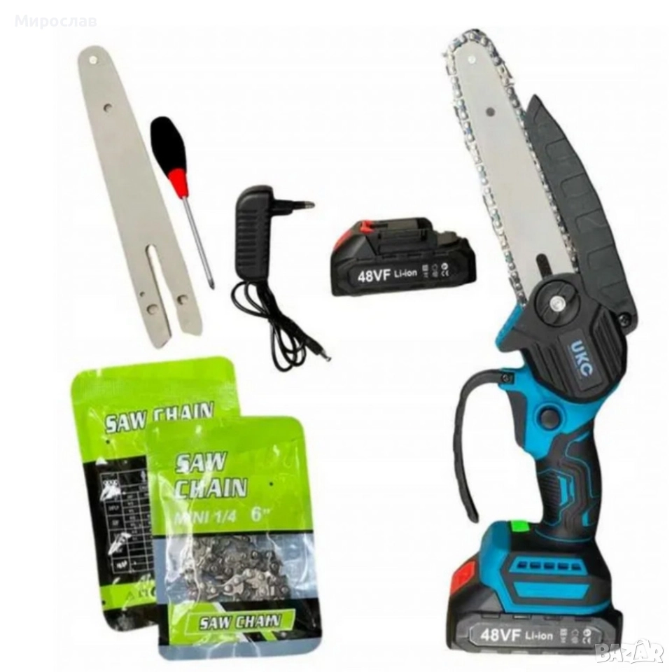 Акумулаторен трион за дърво и клони UKC 48V – 6″ верижна резачка с 2 батерии и 2 вериги, снимка 1