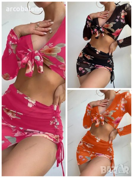 Дамски моден бански костюм от три части с флорален принт, 3цвята, снимка 1