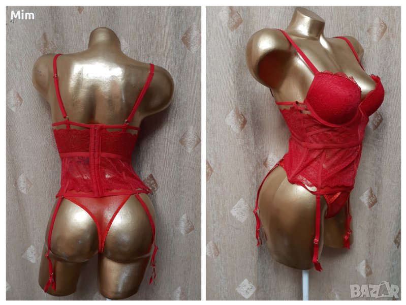 M  К-т Червен дантелен корсет с жартиери и полупрашка , снимка 1