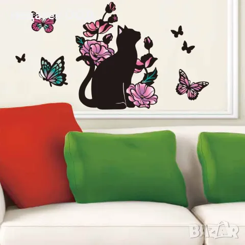 Стикери за стена, Котка, Цветя , Пеперуди, Многоцветен, 21x37 см, снимка 2 - Декорация за дома - 47402686
