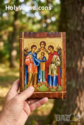 Дървена икона Събор на Светите Архангели (Архангеловден) – Ръчна изработка, снимка 4 - Икони - 56098532