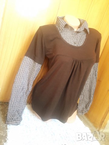 Кафява блуза тънко плетиво с вградена риза Л, снимка 2 - Блузи с дълъг ръкав и пуловери - 34242933